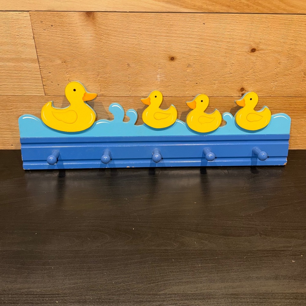 Wooden Rubber Duck Wall Coat Rack 5 Peg Hooks Nursery Decor Blue Yellow Vintage